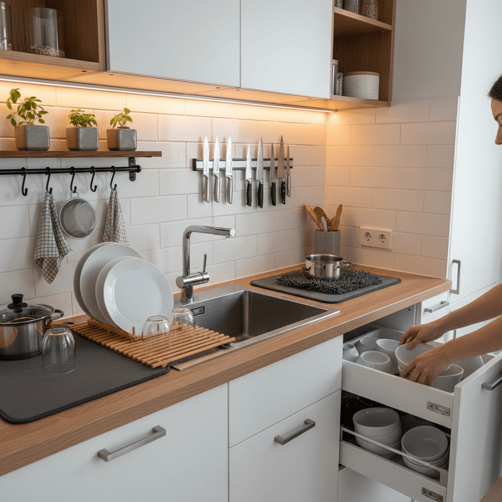 狭いキッチンでも快適に!水切りかご置かない代用アイデアと収納術