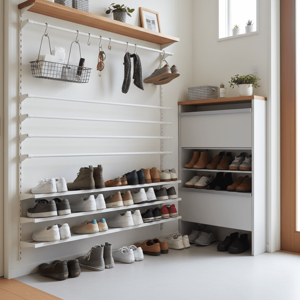 靴箱に入らない問題を解決!玄関突っ張り棒収納術で快適空間へ